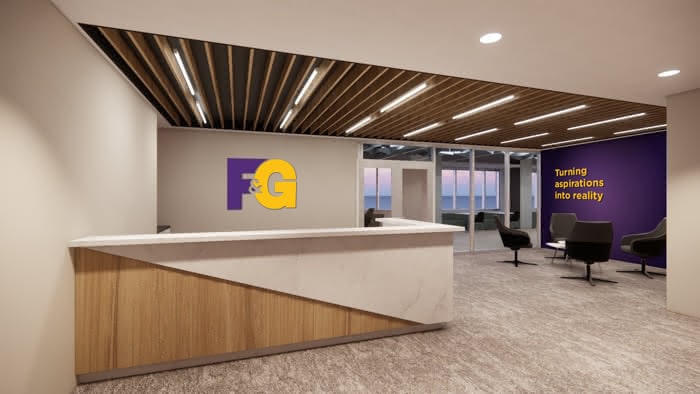 render of F&G lobby with a stand-out purple wall with our tagline